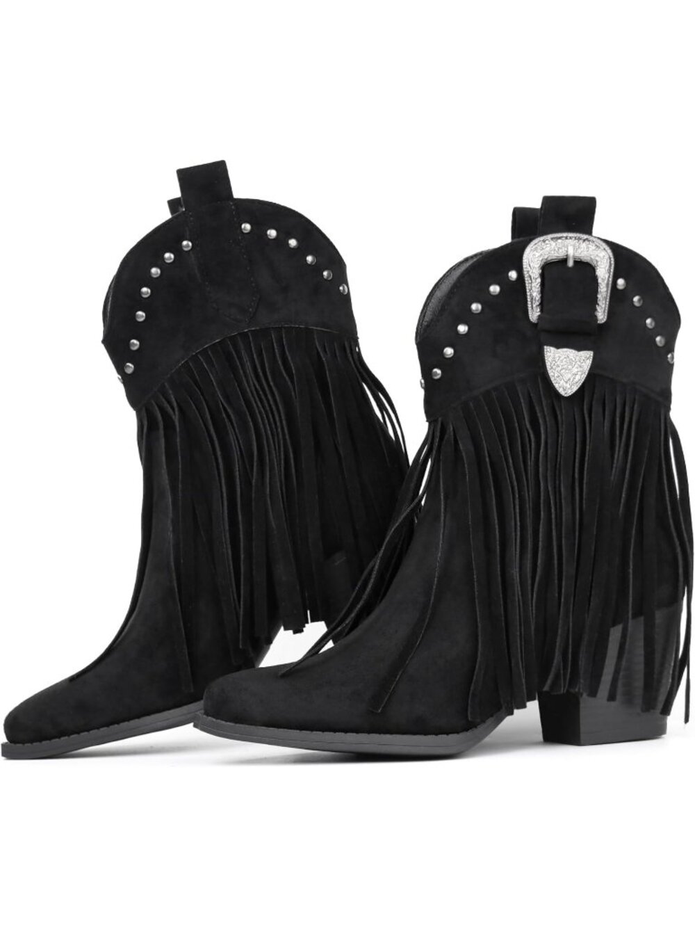 Women's Fringe Cowgirl Boots Snip Toe Black Pull On Dress Western Ankle Booties